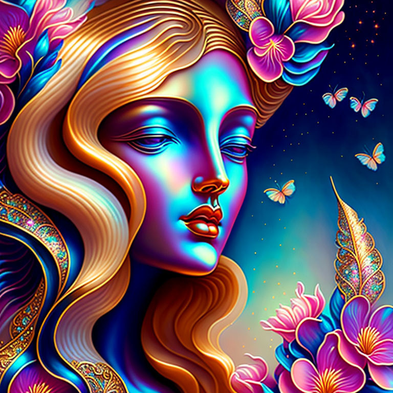 Colorful Stylized Woman Surrounded by Butterflies and Flowers on Cosmic Background