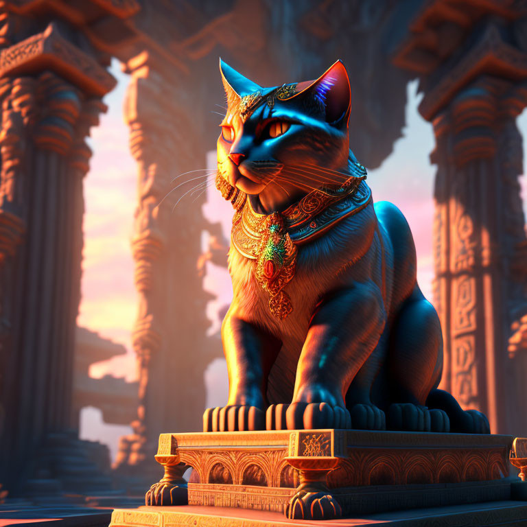 Animated cat statue with gold and jewels in temple at sunset