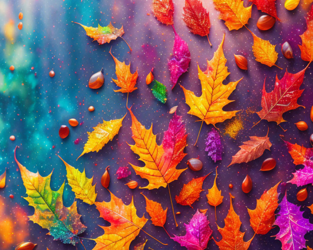 Colorful Autumn Leaves, Water Droplets, and Acorns on Wet Surface