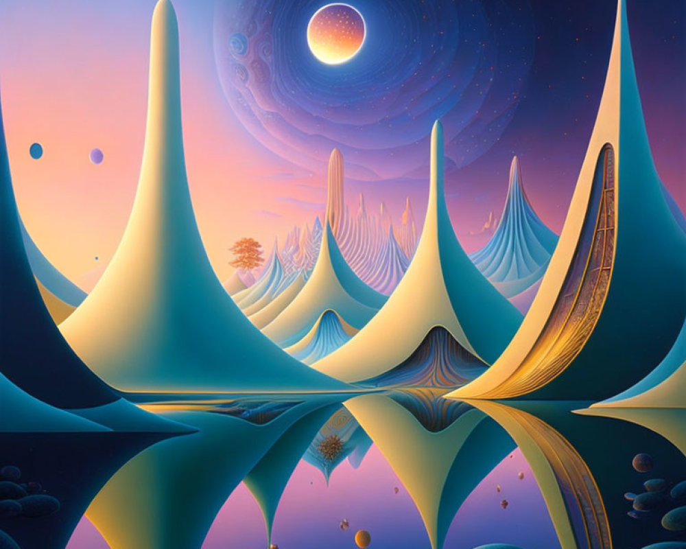 Surreal landscape with spire-like structures and celestial backdrop