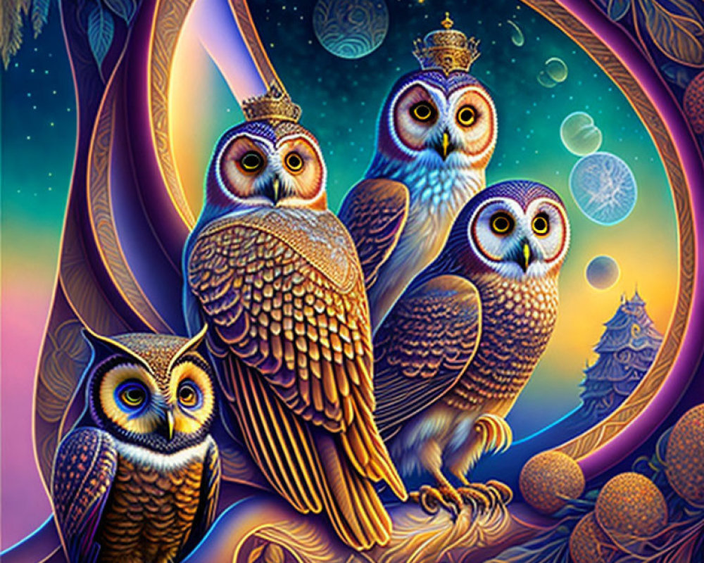 Colorful Owls with Intricate Feather Patterns in Night Landscape