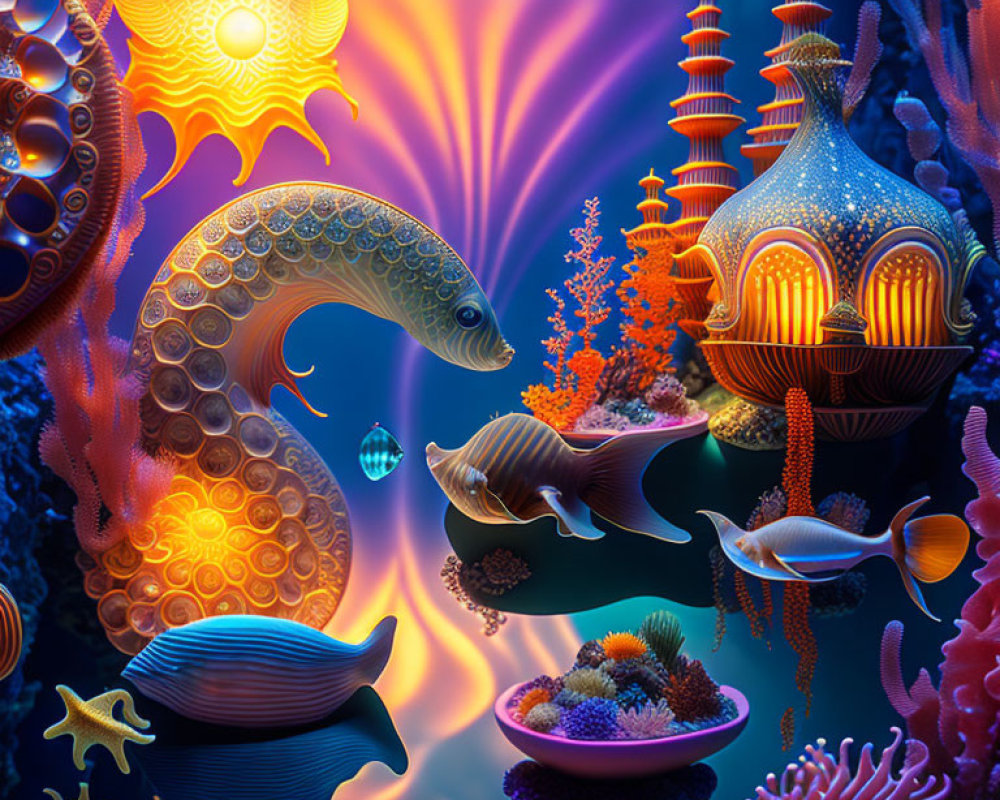 Colorful underwater fantasy scene with stylized fish, coral, and illuminated building