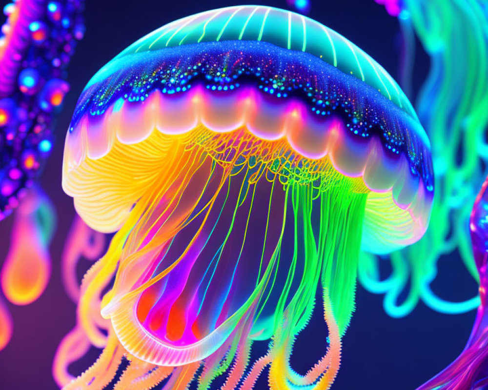 Neon-colored jellyfish with glowing tentacles in deep-sea environment