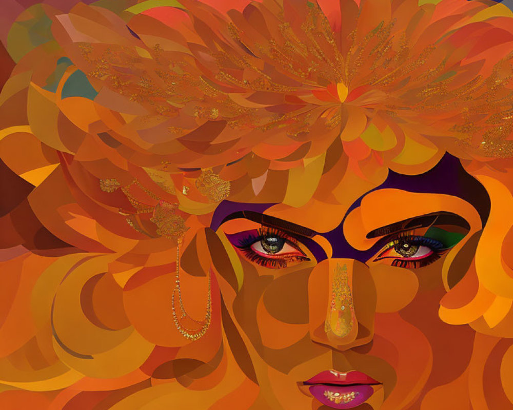 Digital artwork: Woman with orange hair, floral patterns, purple eyeshadow, and golden jewelry