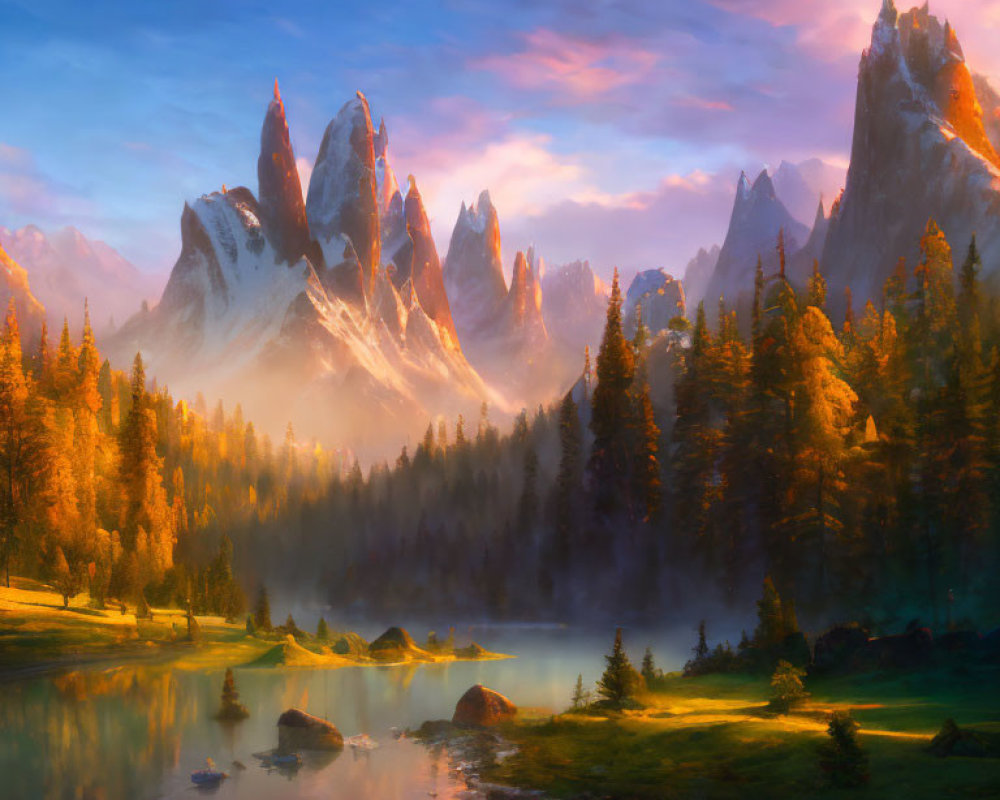 Sunlit misty mountains and autumn trees by calm lake at dawn or dusk