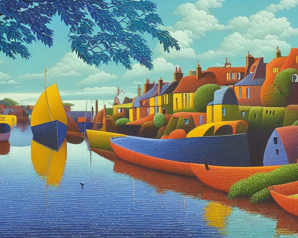 Colorful boats and quaint houses in serene waterway art.