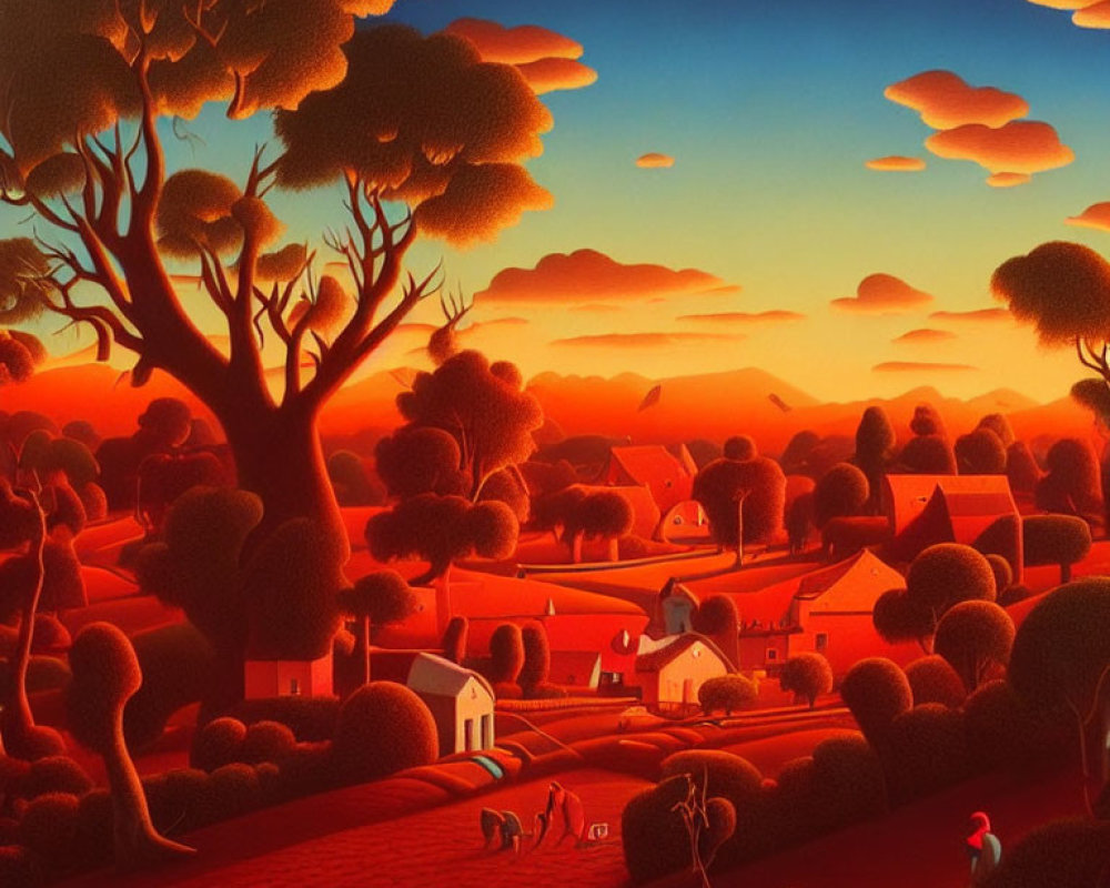 Vibrant red-orange countryside landscape at sunset with round foliage and silhouettes of people and animals