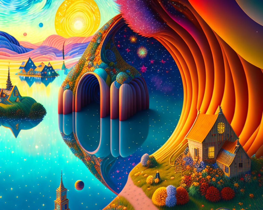 Colorful surreal landscape with swirling skies and celestial bodies