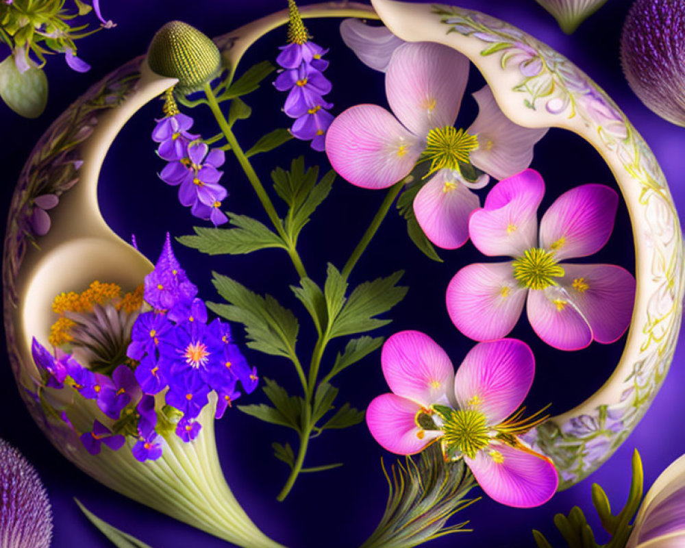 Purple Flowers and Yin-Yang Symbol on Golden-Rimmed Background