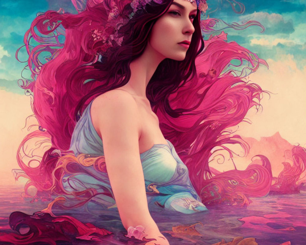 Fantastical illustration of woman with pink hair and floral crown in dreamy pink and blue backdrop