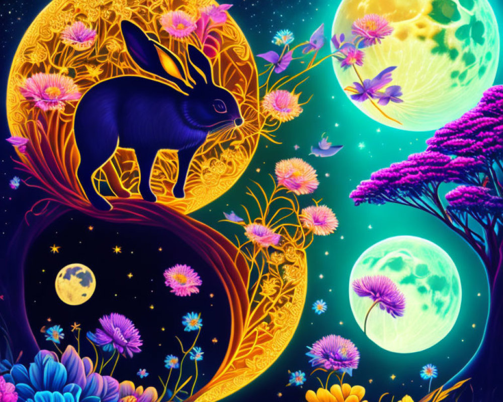 Colorful mystical rabbit surrounded by moons, flowers, and stars