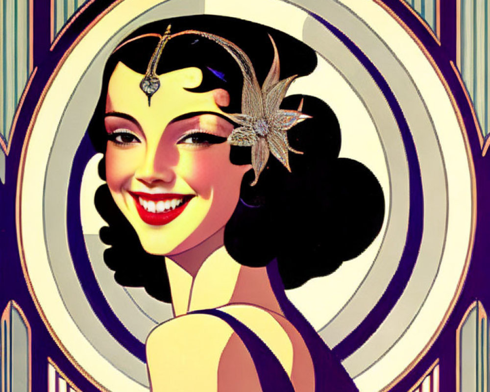 Vintage Art Deco Illustration of Smiling Woman in Headpiece