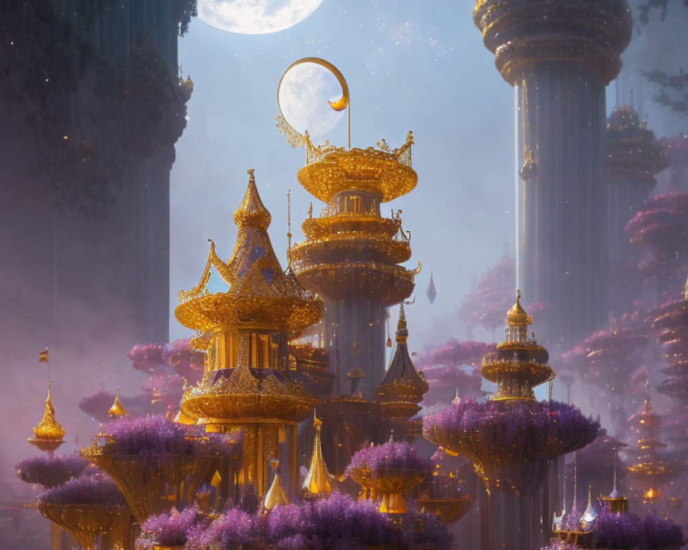 Fantastical city with golden pagodas and purple foliage under crescent moon