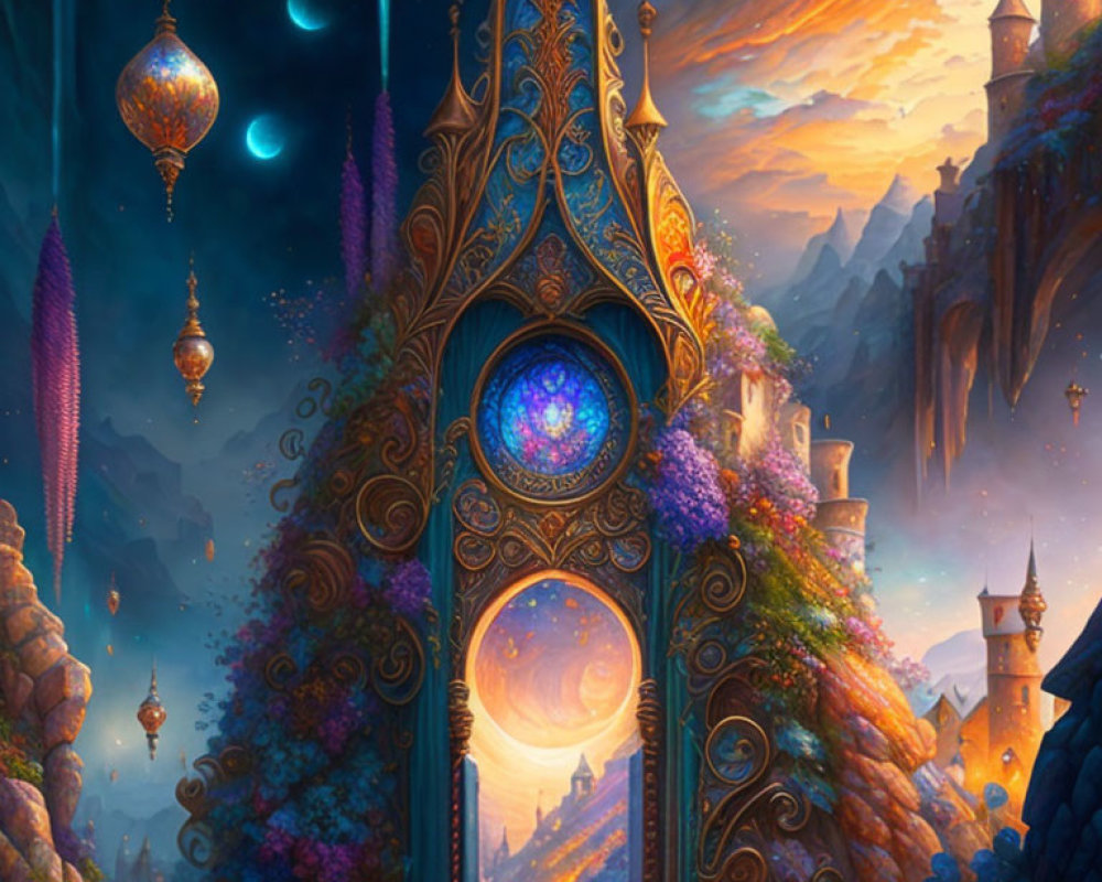 Fantasy landscape with golden door, glowing orbs, twilight sky, floating lamps, and distant castles