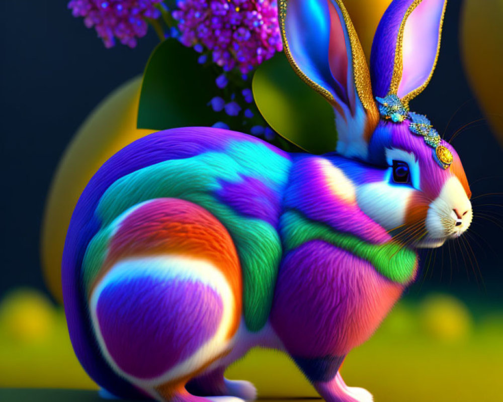 Colorful Rabbit with Gem-Studded Headband in Night Scene