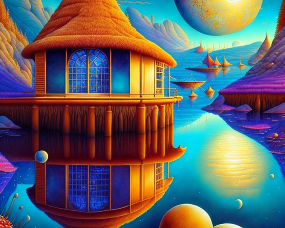 Surreal painting of thatch-roofed house by blue lake and moon