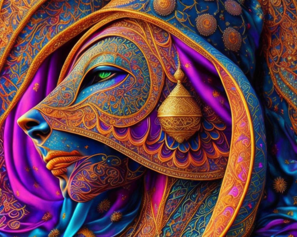 Colorful digital artwork: Woman with patterned headscarf and mystical aura