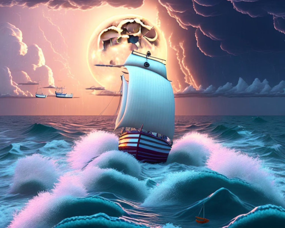 Surreal ship sailing on vibrant blue waves with skull-shaped moon in stormy pink sky