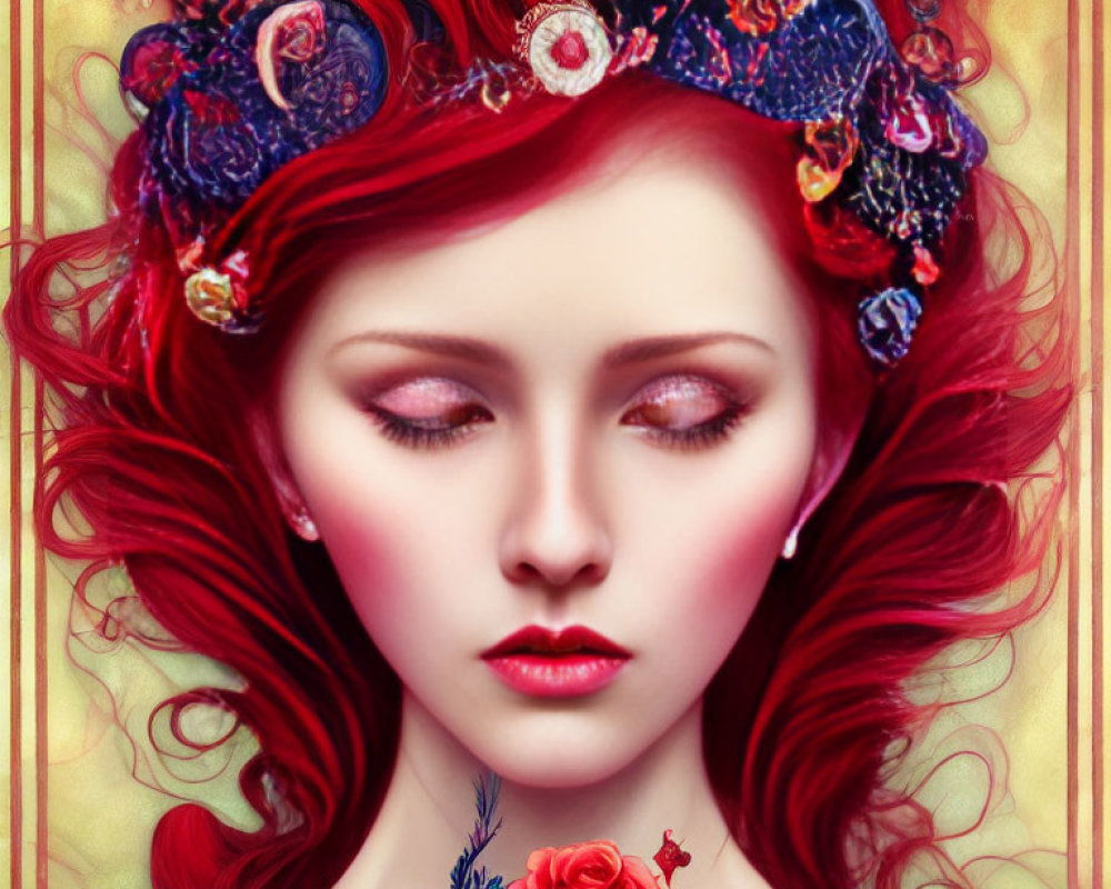 Vibrant red-haired woman with floral headpiece and intricate designs