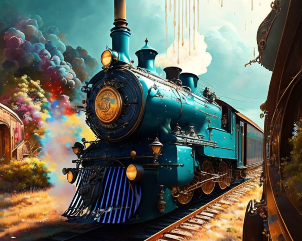 Vintage Blue Steam Locomotive with Golden Accents on Rail Track