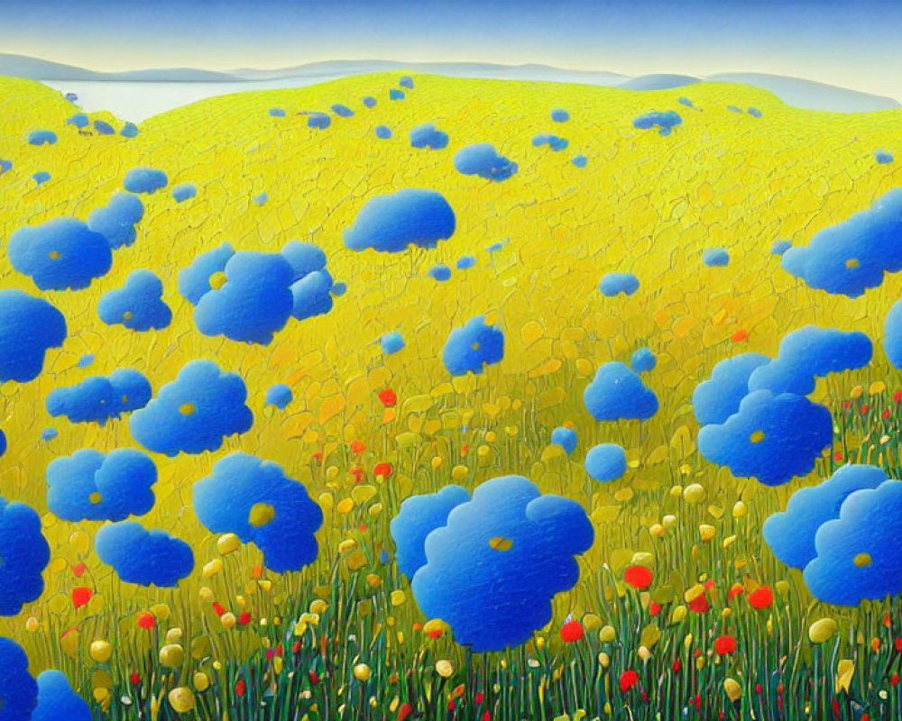 Vibrant landscape with blue flowers, yellow fields, rolling hills