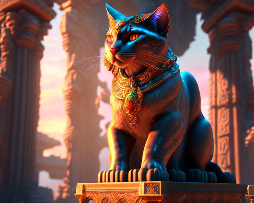 Animated cat statue with gold and jewels in temple at sunset