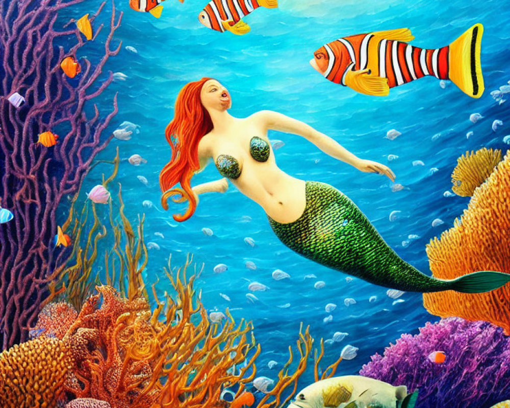 Colorful Underwater Mermaid Illustration with Red Hair and Tropical Fish