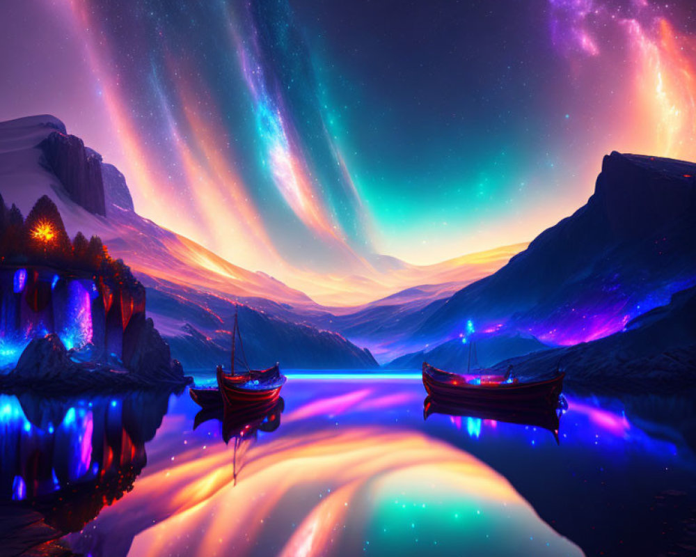 Serene lake with illuminated boats under vibrant night sky