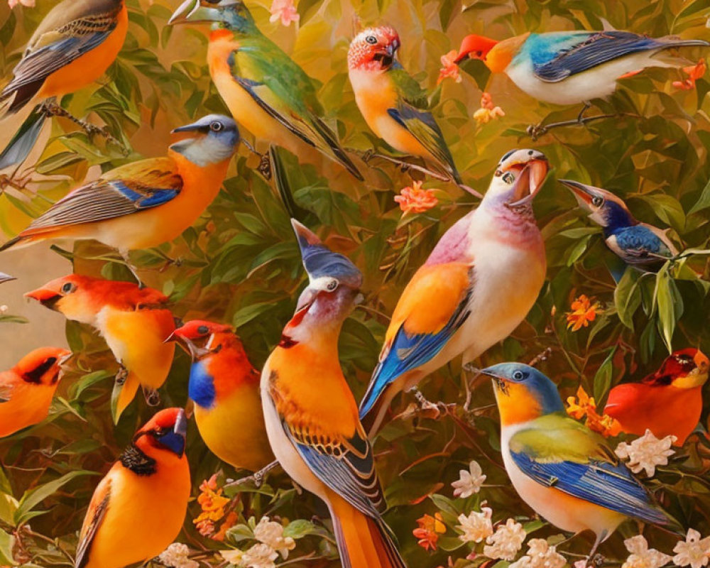 Colorful Birds Perched Among Pink and White Blossoms on Warm-Toned Canvas