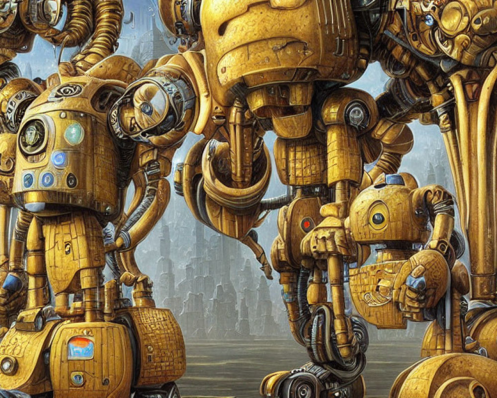 Futuristic stylized humanoid robots in a group portrait