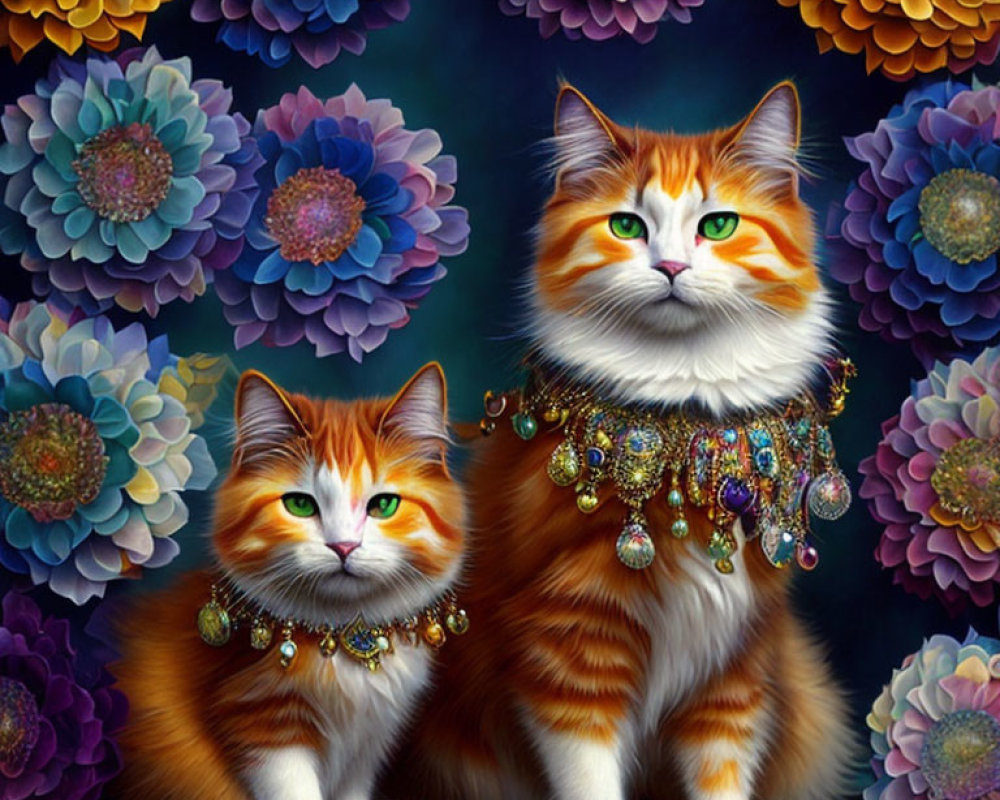 Ornately Adorned Majestic Cats in Vibrant Coats Sitting Amid Colorful Flowers