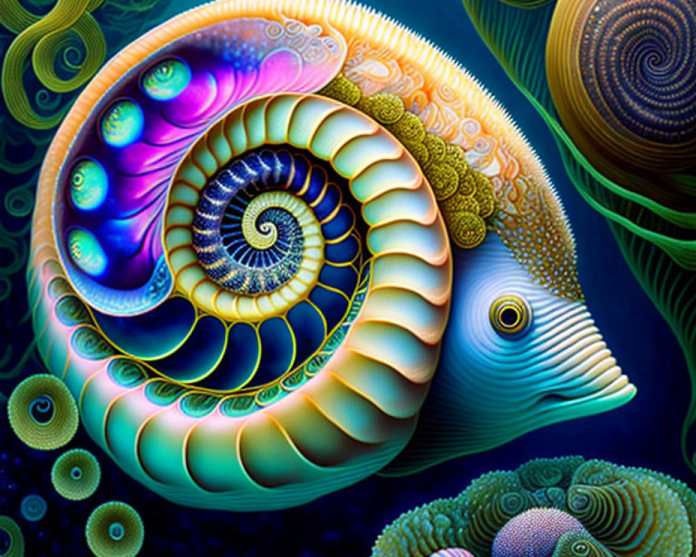 Colorful Digital Artwork of Stylized Nautilus & Sea Elements