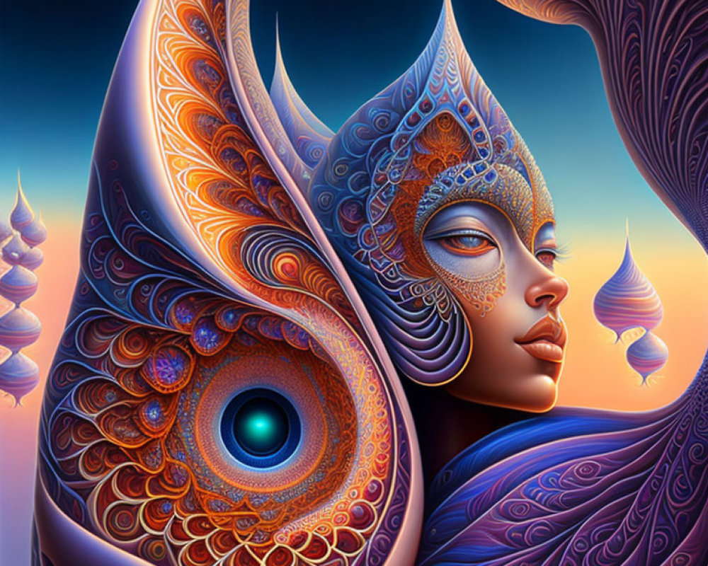 Surrealist painting of female figure with intricate patterns and fantastical shapes