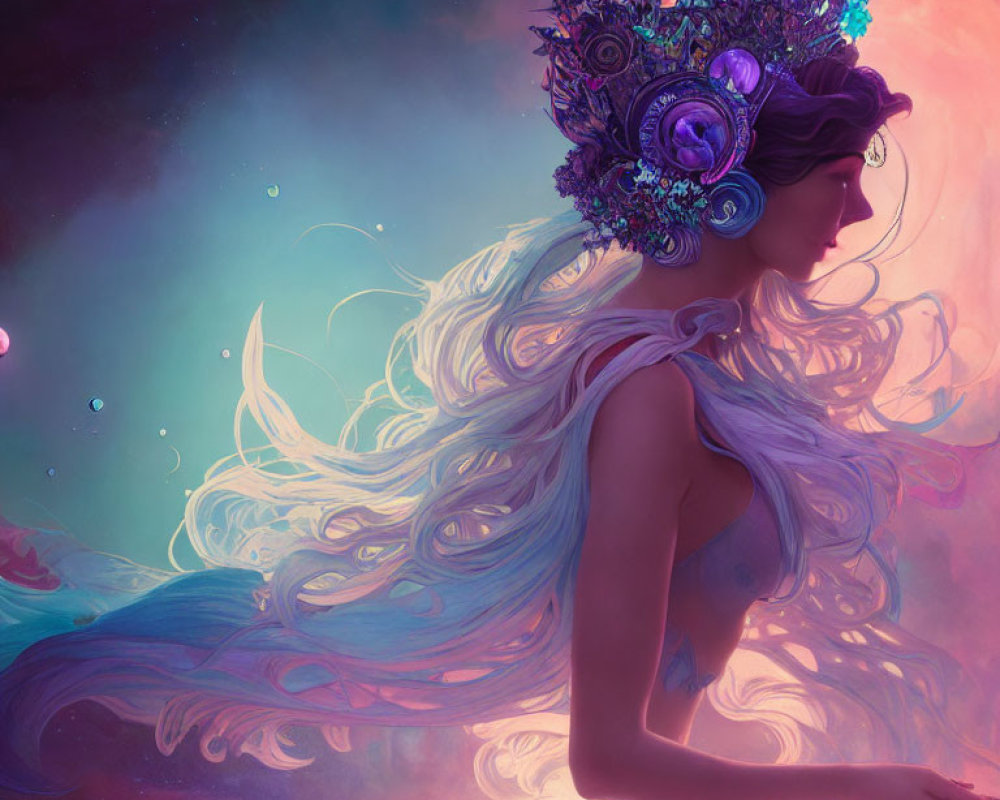 Woman with Long Flowing Hair and Floral Crown in Celestial Background