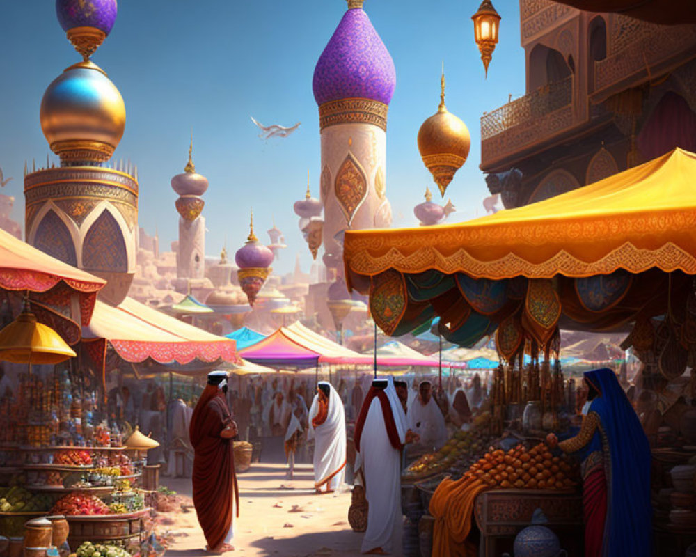 Vibrant traditional market scene with colorful stalls and Middle Eastern architecture