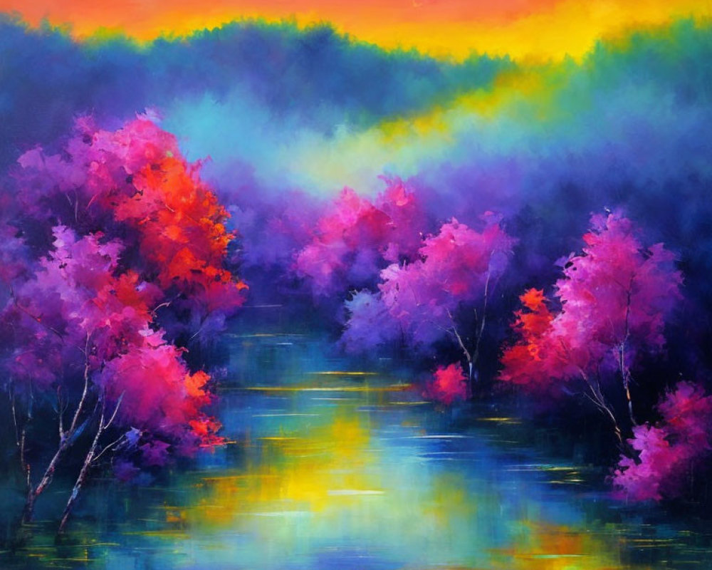 Colorful Forest Painting with Pink and Purple Trees Reflecting in Blue Water