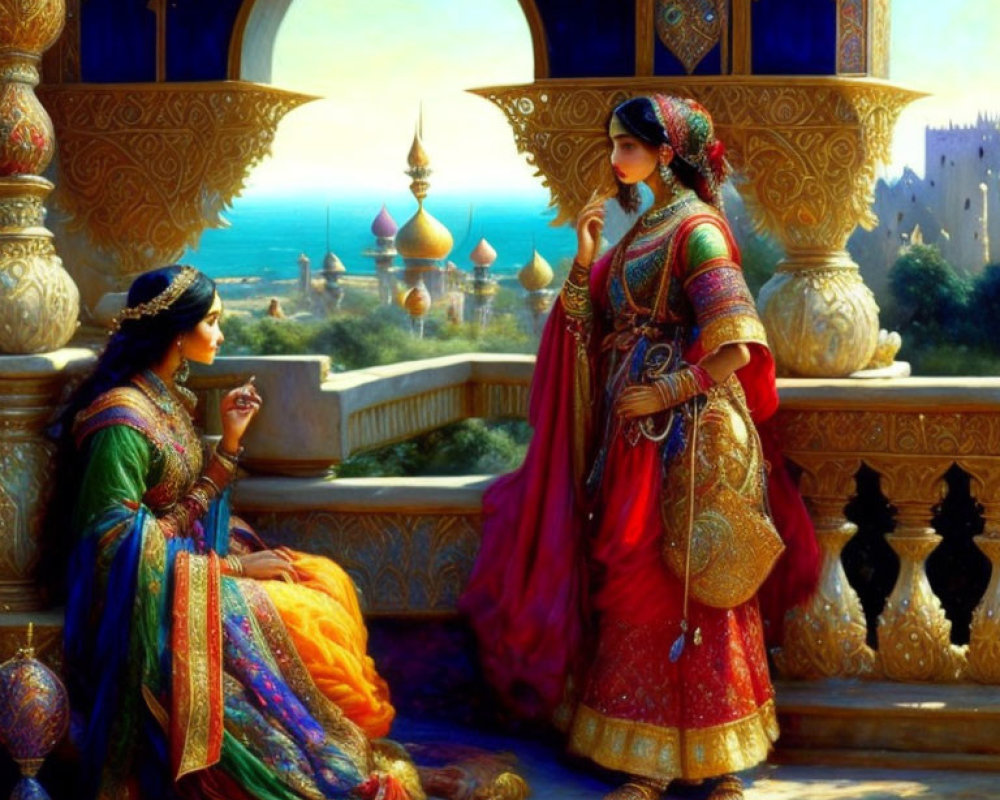 Two Women in Traditional Dresses on Balcony Overlooking Sea