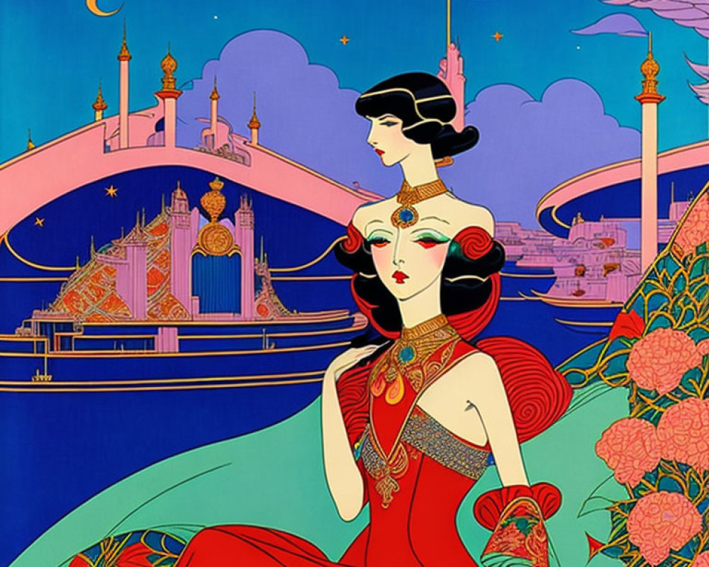 Stylized women in Eastern cityscape under starry sky