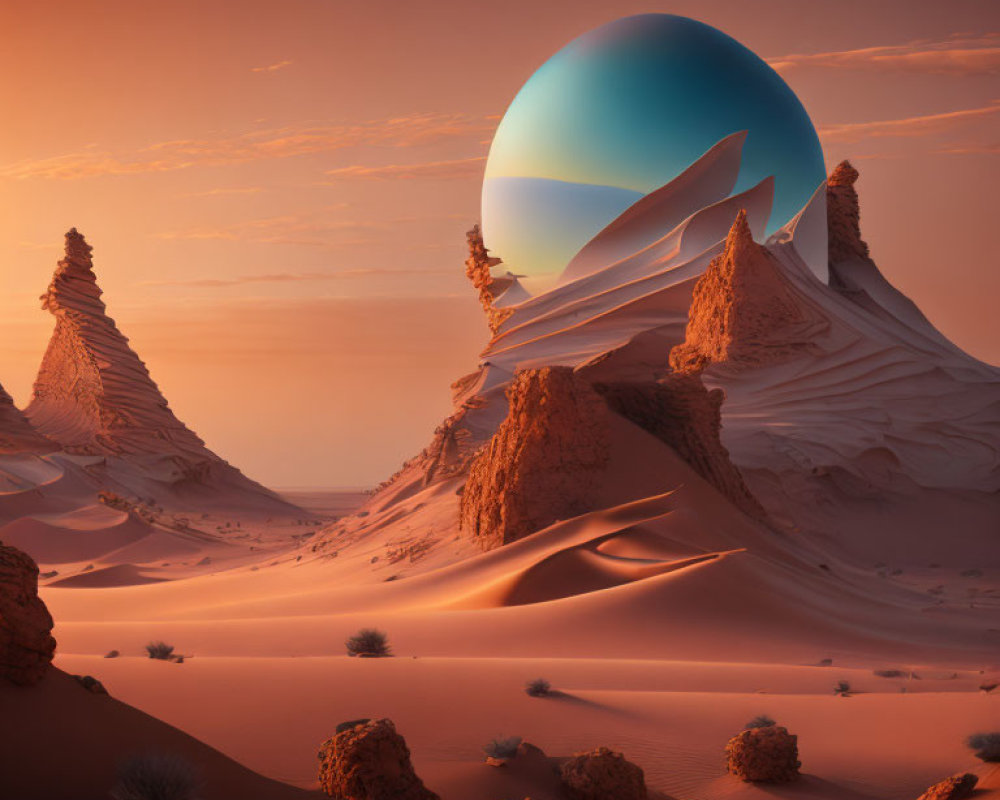 Surreal desert landscape with sand dunes, rock formations, and reflective orb.