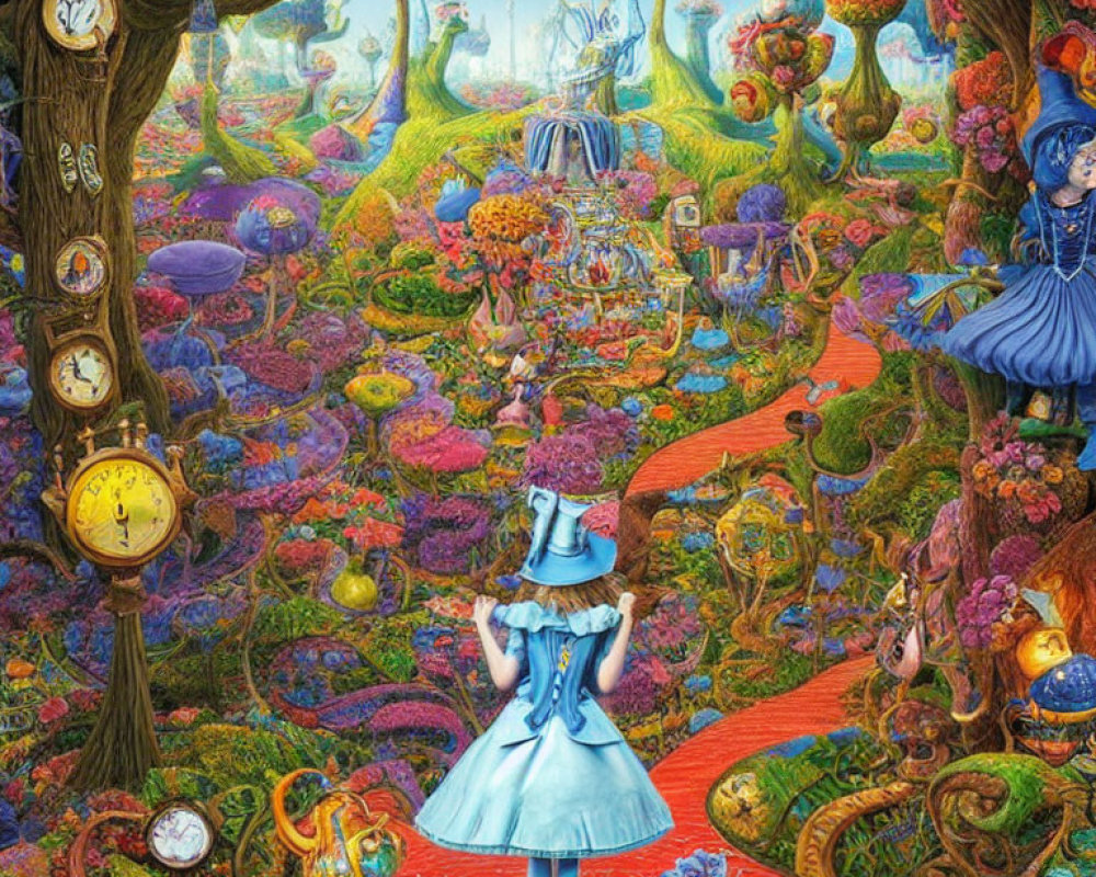 Fantastical landscape with Alice in Wonderland theme and colorful castle