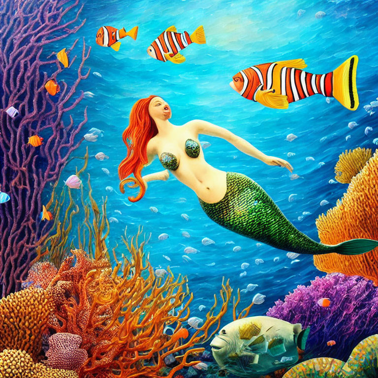 Colorful Underwater Mermaid Illustration with Red Hair and Tropical Fish