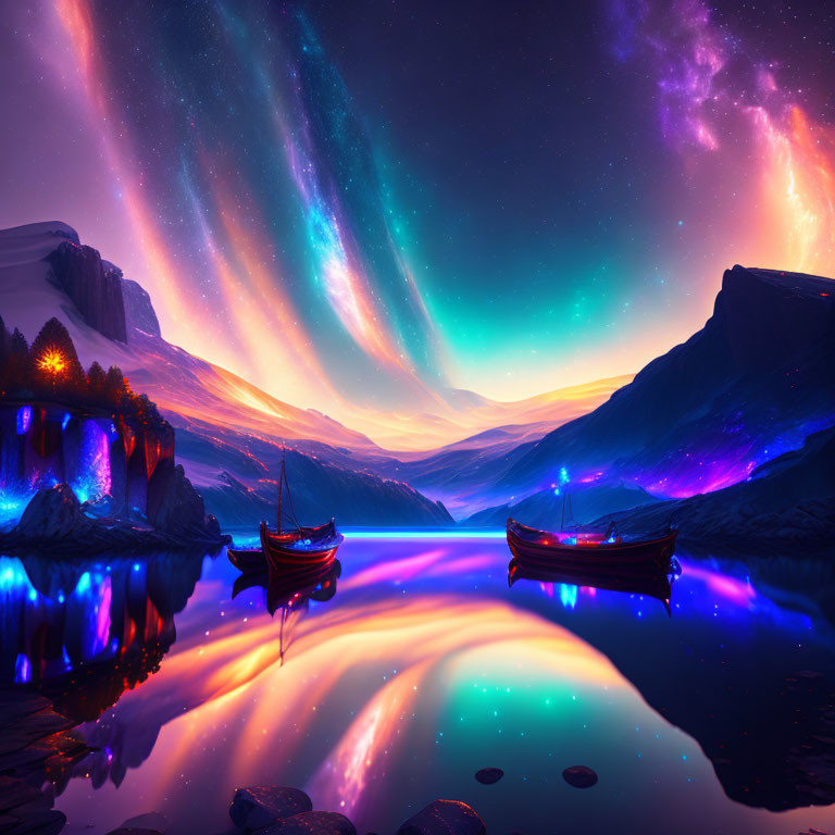 Serene lake with illuminated boats under vibrant night sky