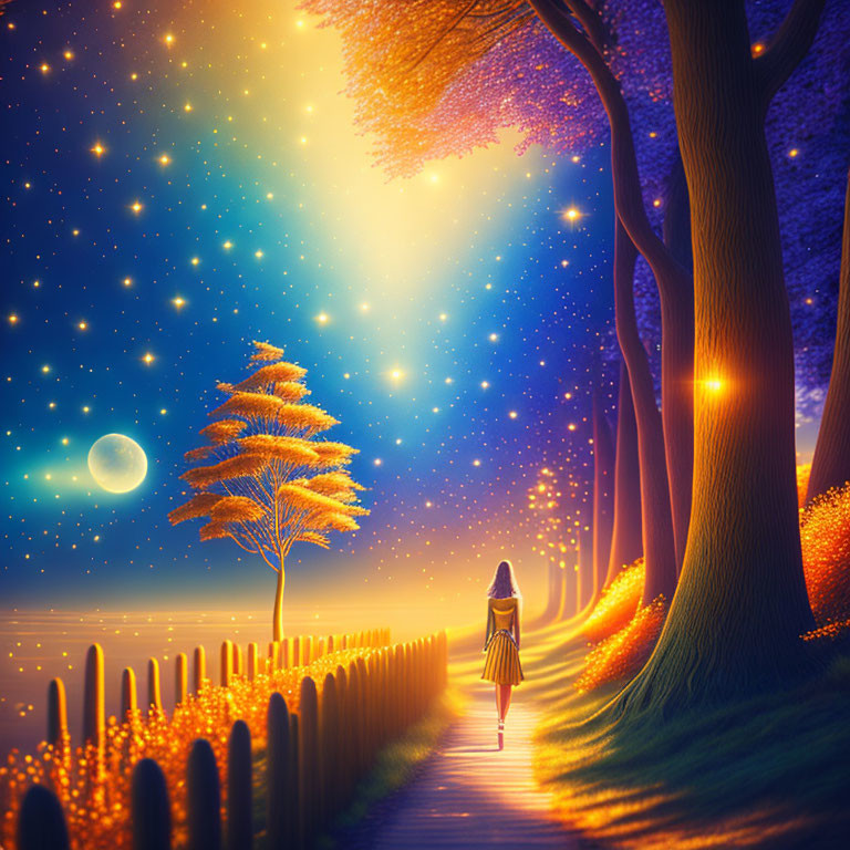 Person walking on path under starry sky with crescent moon and mystical trees.