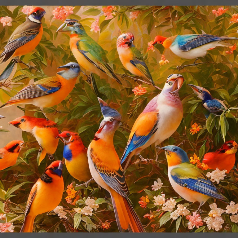 Colorful Birds Perched Among Pink and White Blossoms on Warm-Toned Canvas