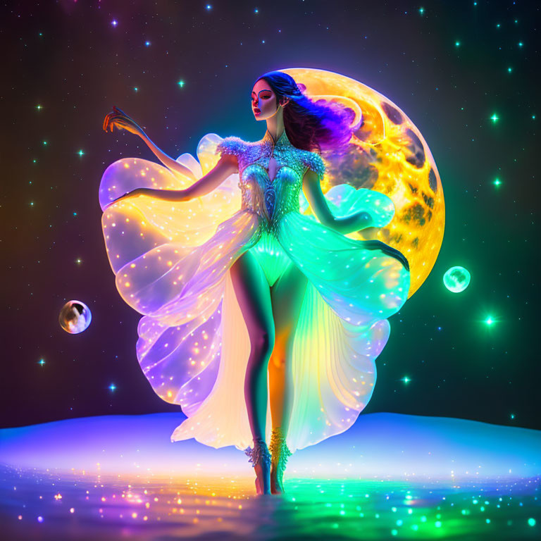 Glowing woman in shimmering costume with staff against vibrant moon and stars