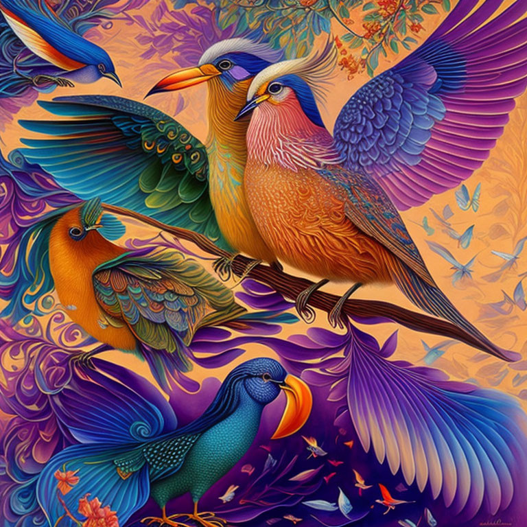 Colorful birds with detailed plumage on vibrant background