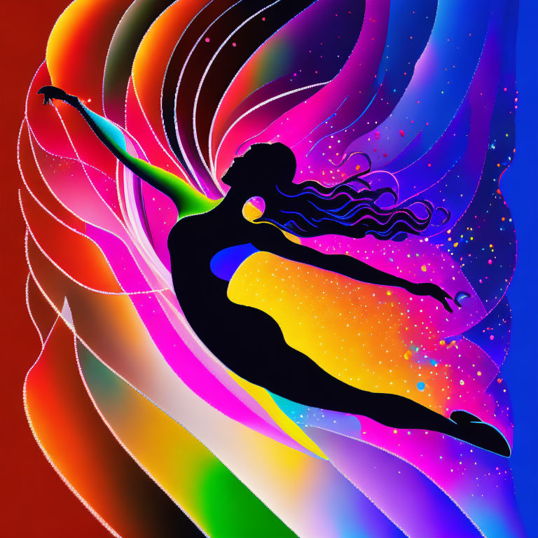 Silhouette of dancer on vibrant, multicolored background