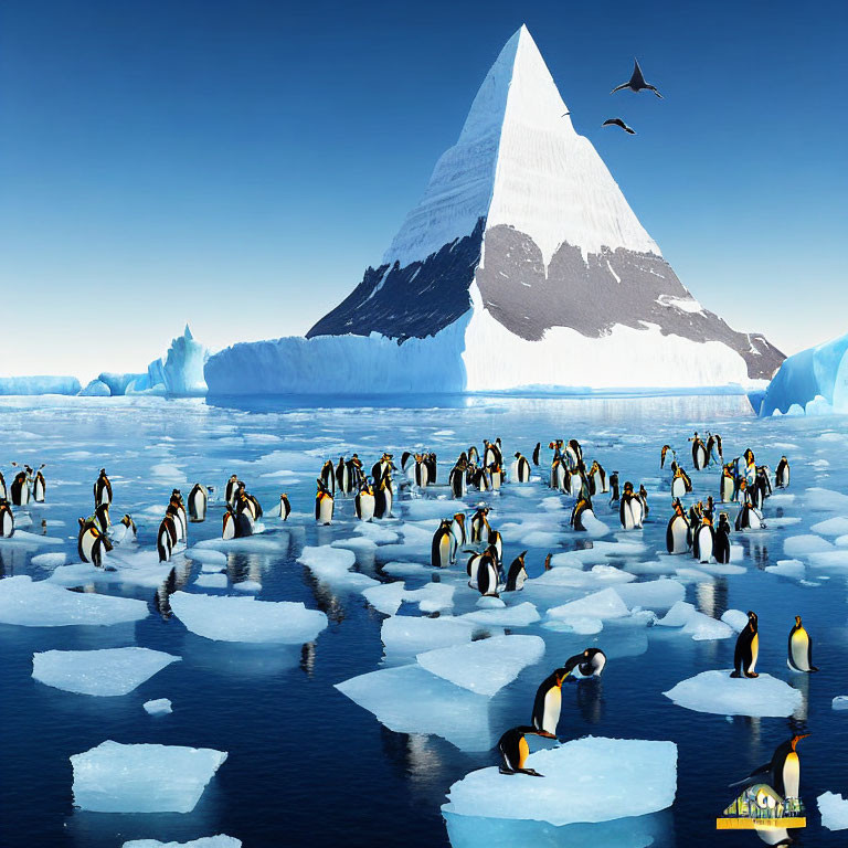 Penguins on Ice Floes with Iceberg and Blue Ocean