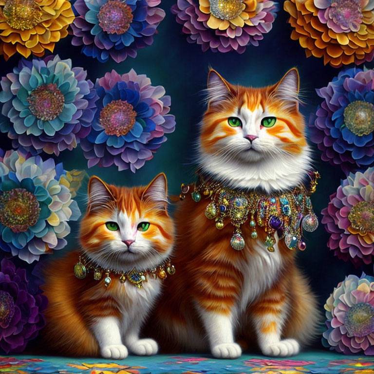 Ornately Adorned Majestic Cats in Vibrant Coats Sitting Amid Colorful Flowers