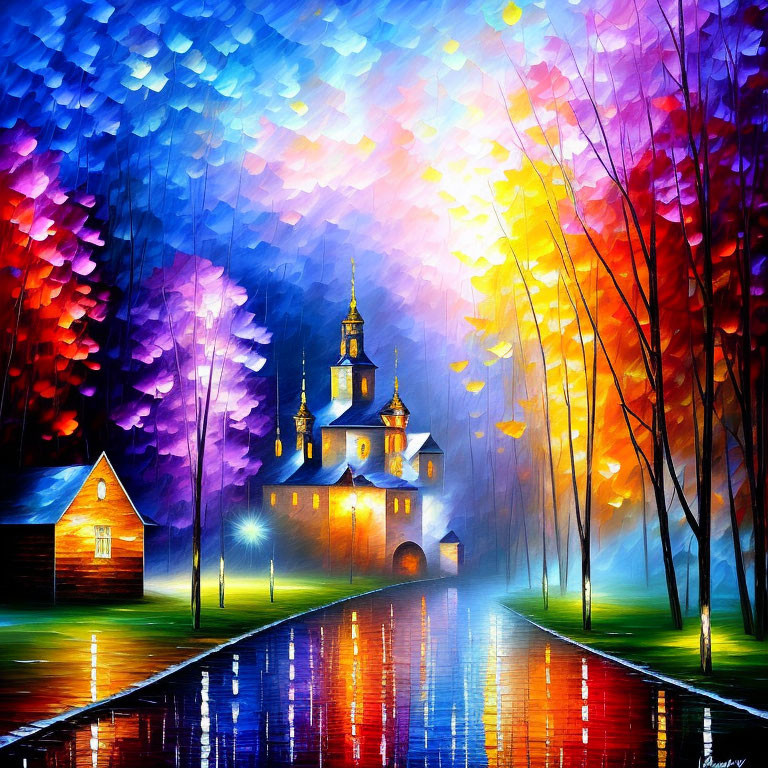 Impressionistic painting of church, house, and colorful trees at dusk